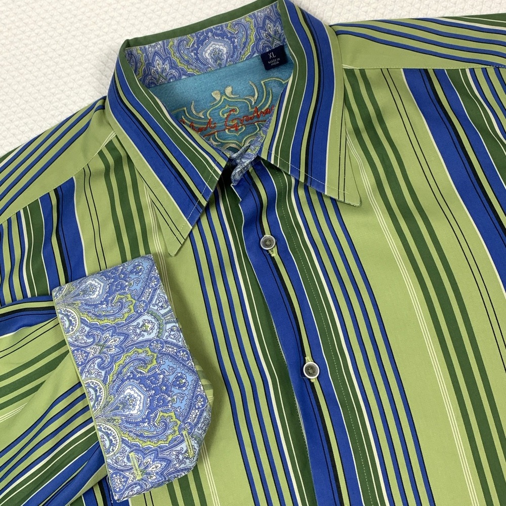 Robert Graham Mens XL Wild Stripe Button Up Shirt Contrast Trim Flawed